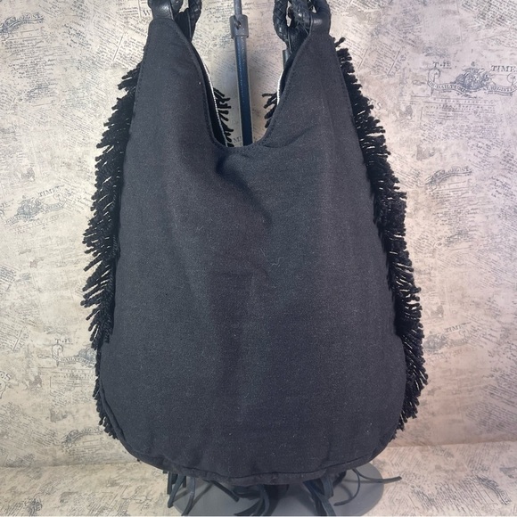 Anthropologie IbBAN LTR Emb. Beaded Fringe Black Linen Bohemian Bag - Picture 6 of 14